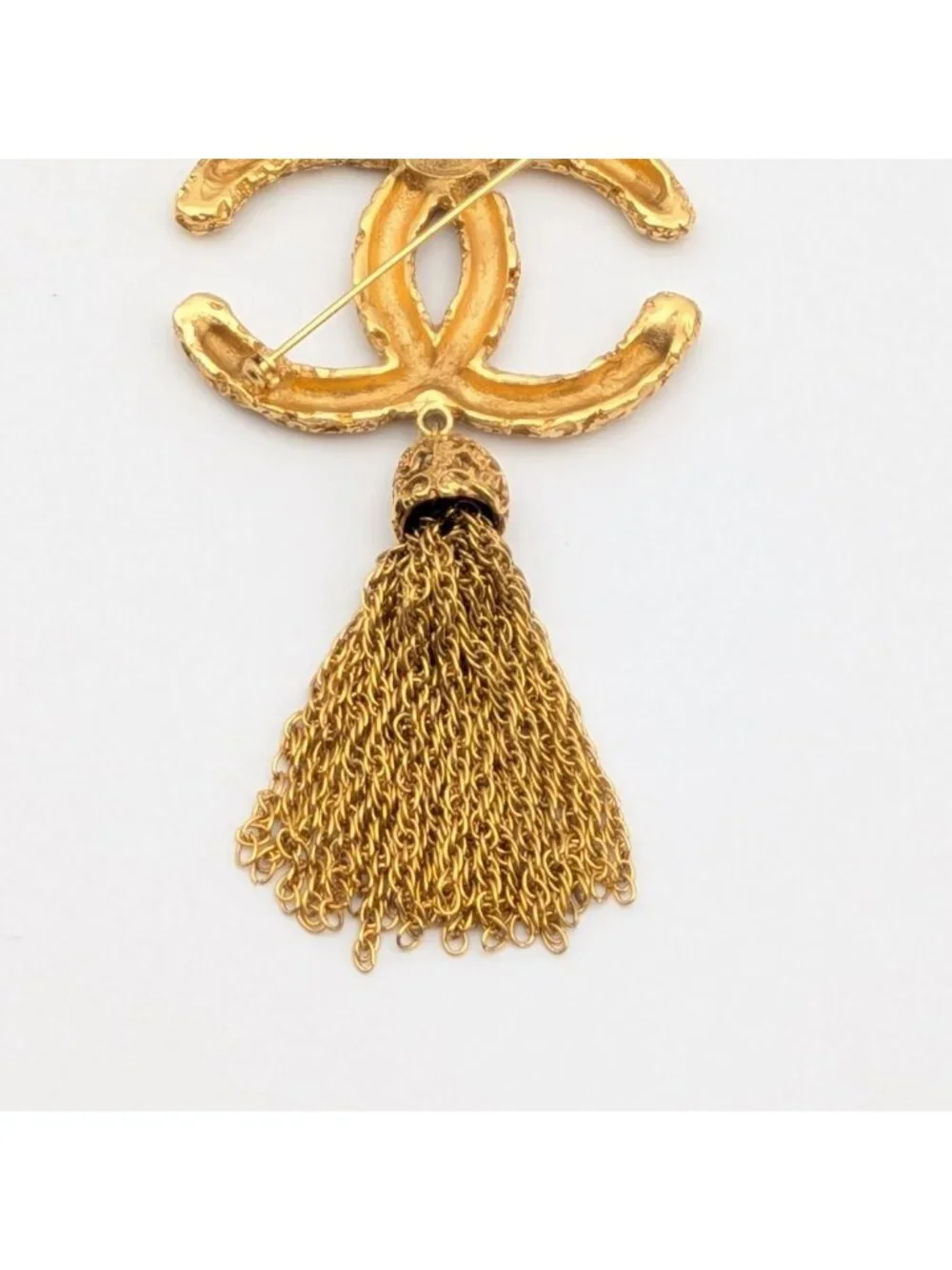 Chanel Brooch CC Logo Lava Gold Fringe Vintage